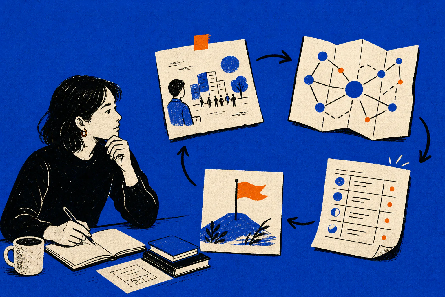 A product manager moving from a product question to a reasoning map, rubric feedback, and the next practice goal